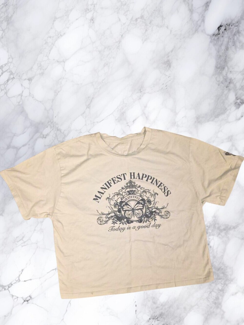 House of Cotton Manifest Happiness Butterfly Graphic Tee Cropped T-Shirt Large